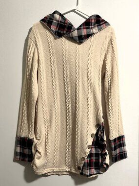 Cream Cable Knit Sweater Tunic with Plaid and Button Accents and Hood